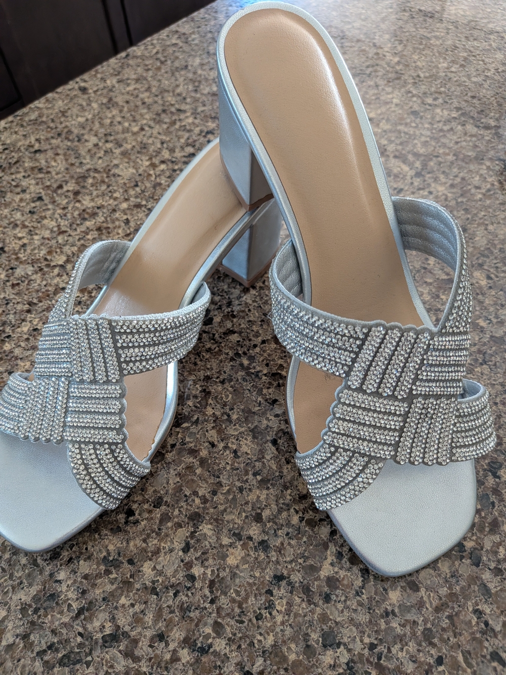 NWOT Super Cute Silver Rhinestone Block Heel Sandals